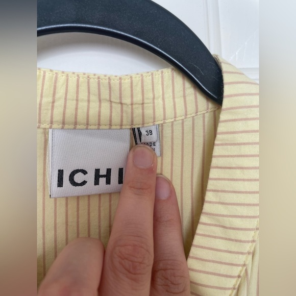 ICHI Yellow Striped Belted Shirt Dress Button Down Midi Short Sleeve Pockets - Picture 4 of 14